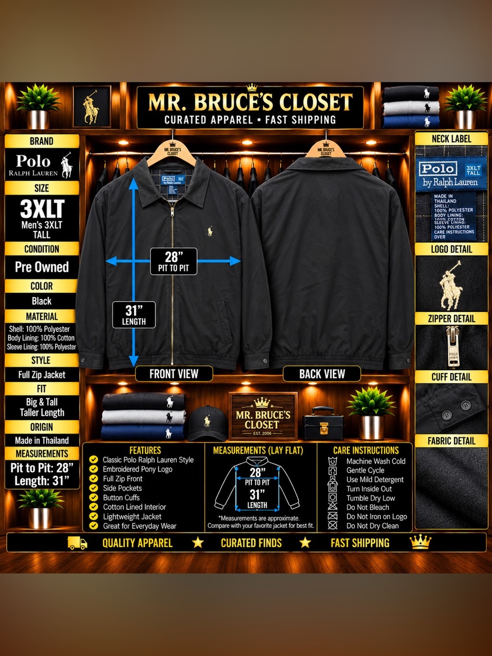 Ralph Lauren Black Full-Zip Lightweight Jacket